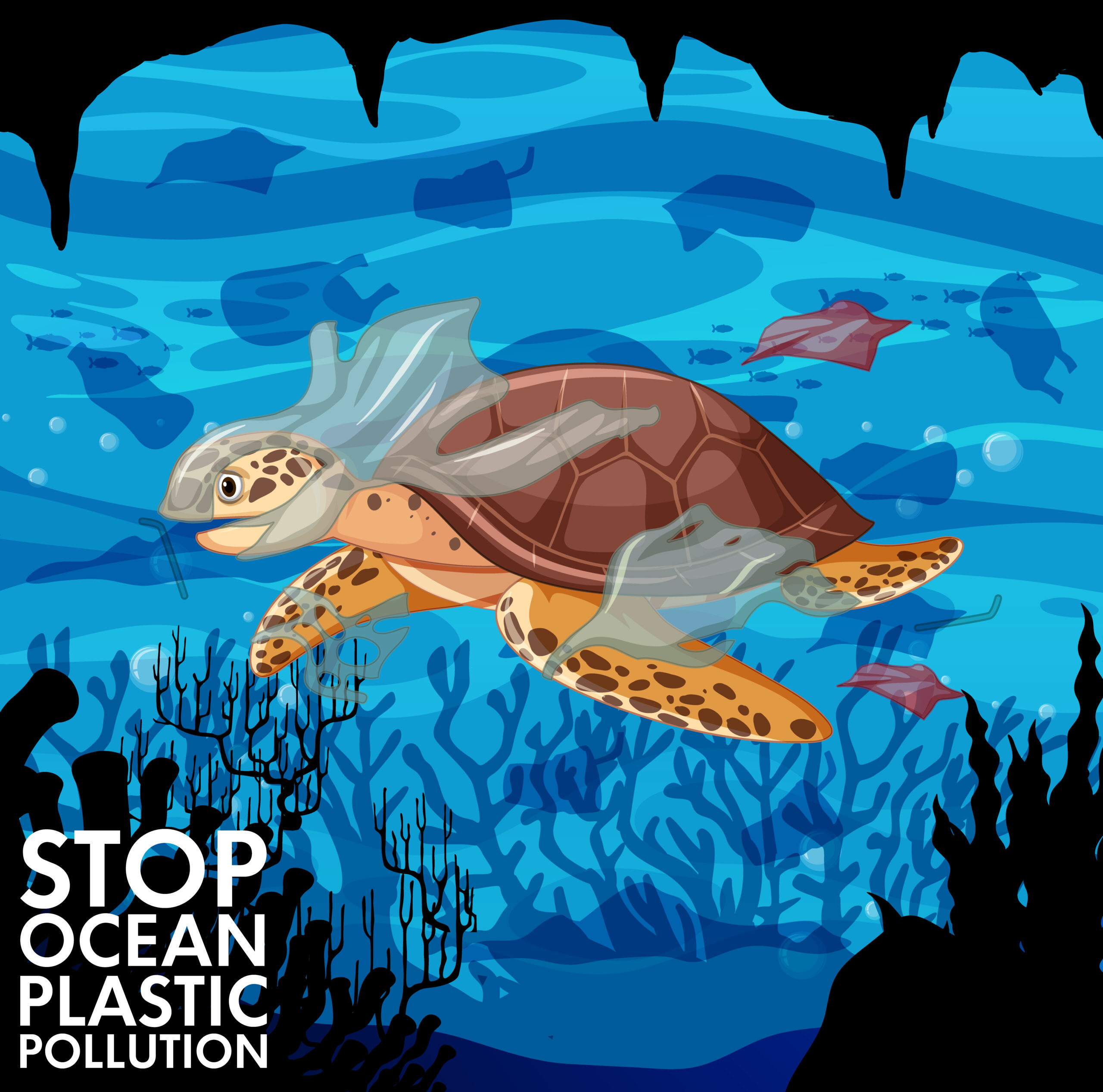 Poster design with sea turtle and plastic bags in ocean illustration